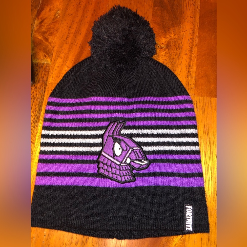 Black and Purple Fortnite Beanie with Pom